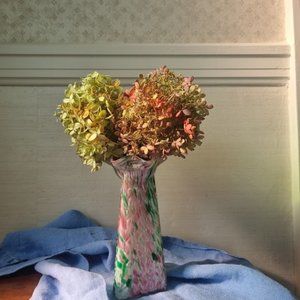 Vintage Handmade Triangular Wavy Ribbed Vase- Pink and green